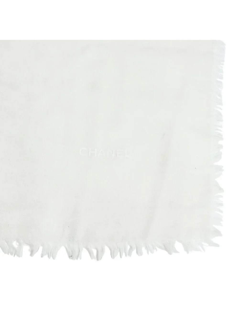 Chanel Cashmere Silk CC Logo Quilted Pattern Mini Fringe Shawl Beige Ivory Scarf